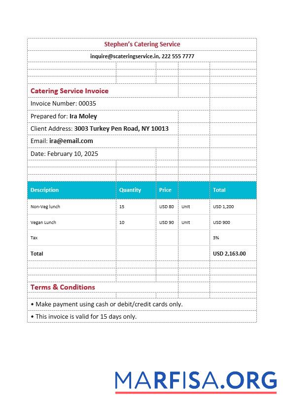 Blank Editable Catering Service Invoice Template